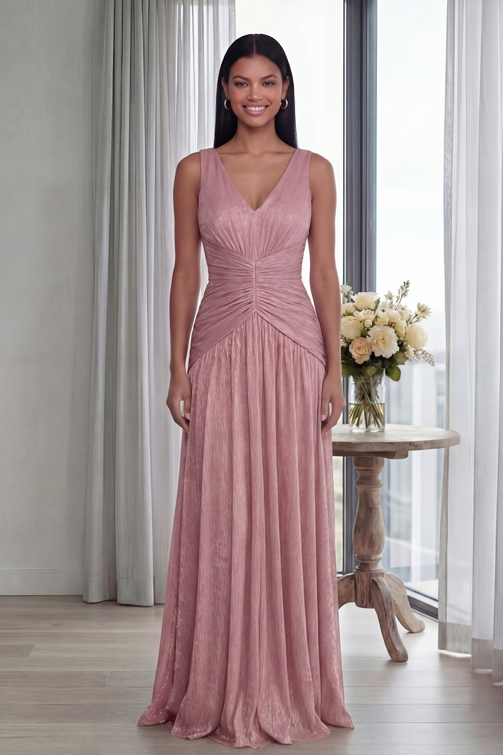 Dusty Rose V-Neck A-Line Pleated Long Formal Dress
