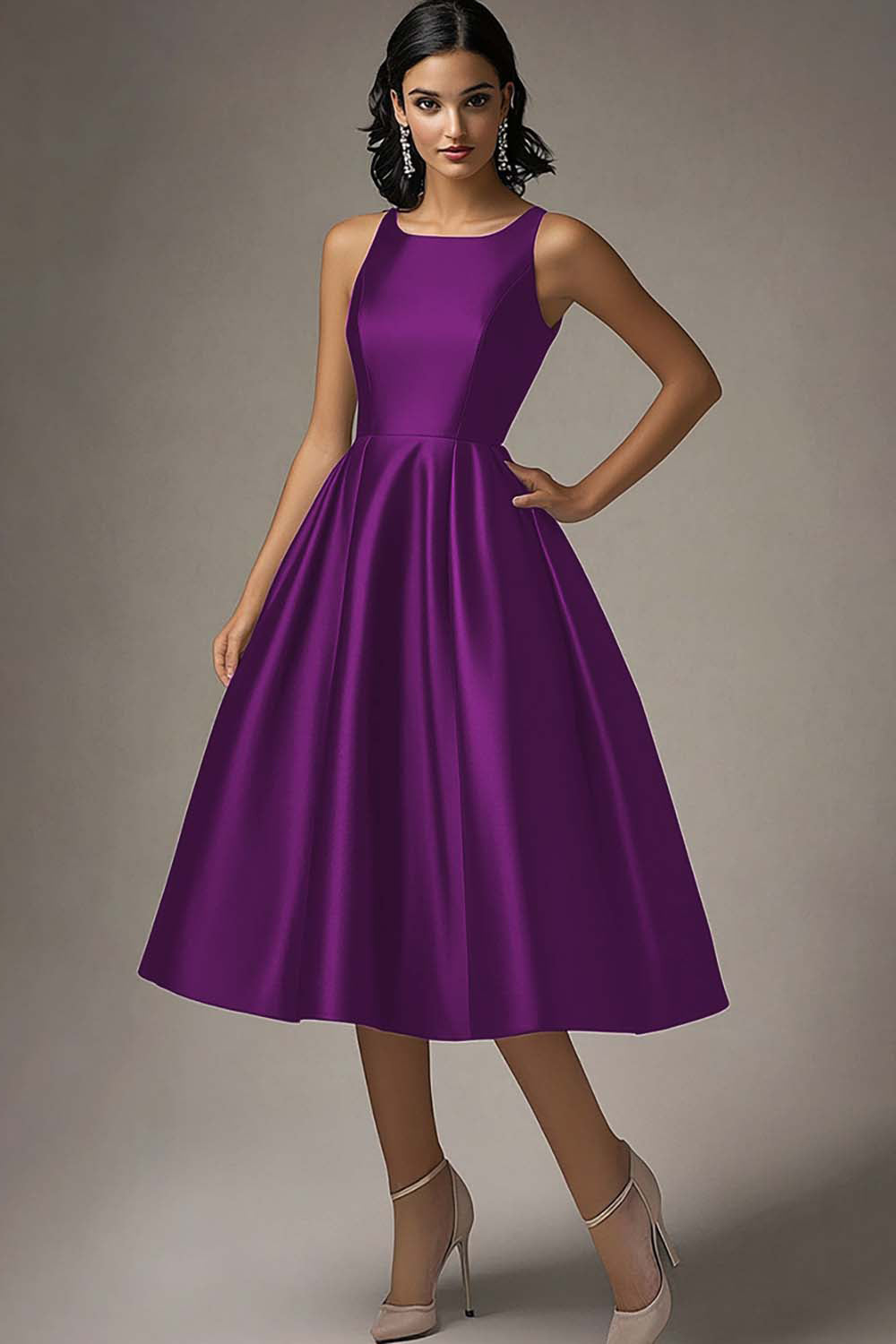 Black A Line Satin Ruched Midi Formal Dress