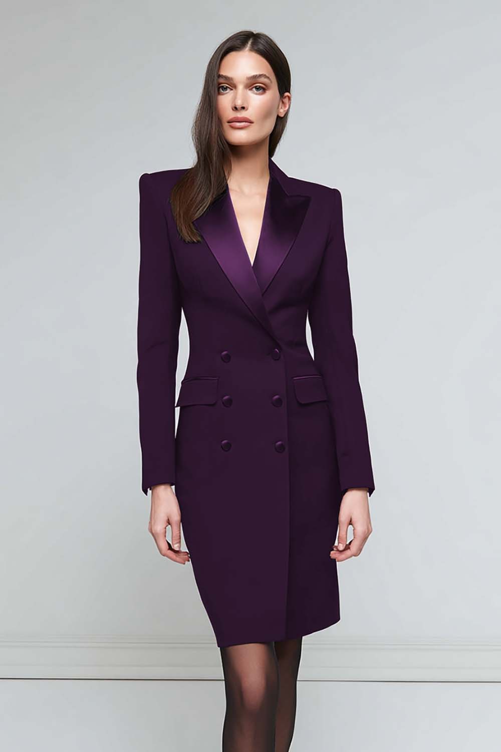 Satin Black Peak Lapel Midi Work Dress