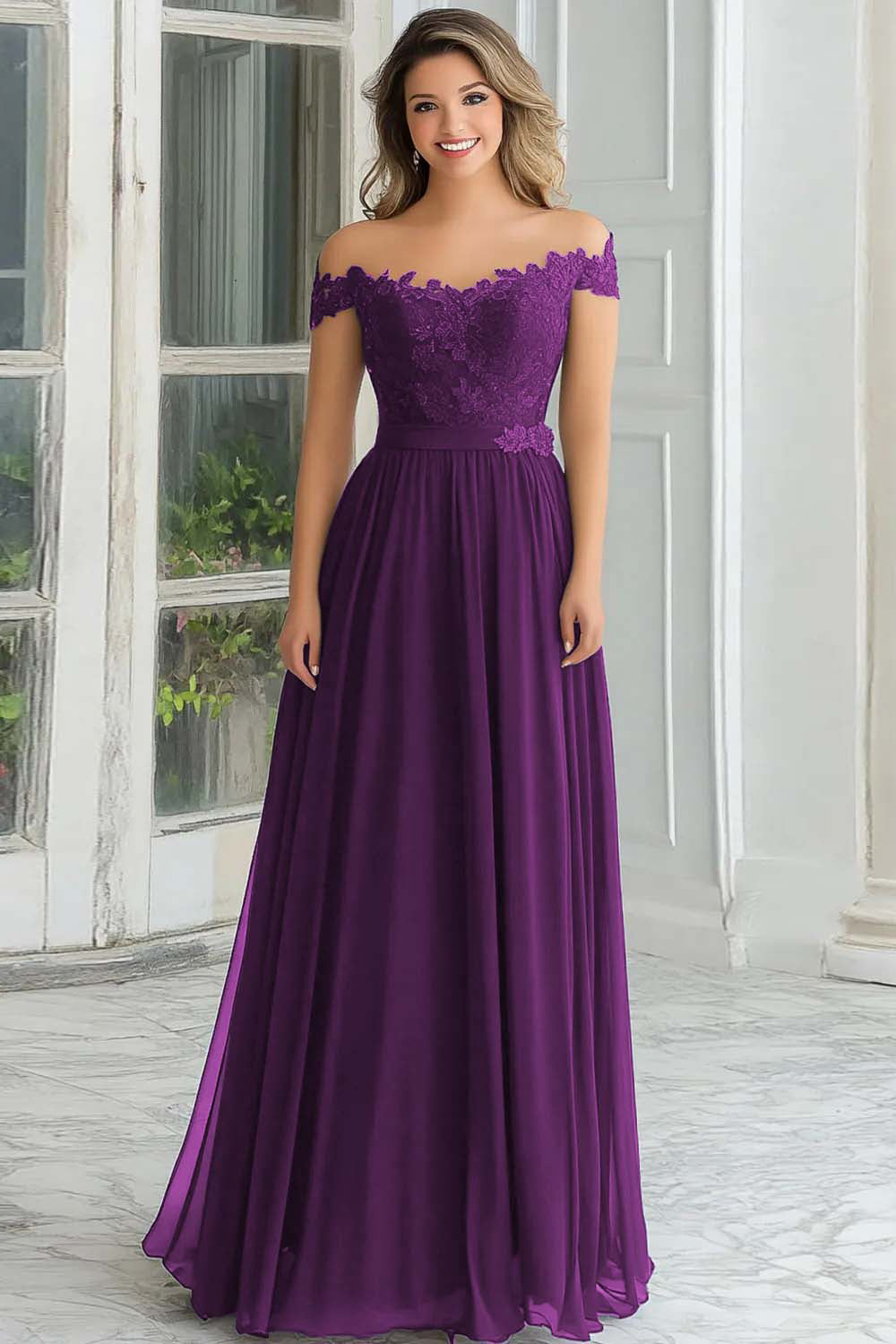 Robe longue de mère de la mariée élégante bleu marine coupe évasée en mousseline et dentelle avec épaules dénudées