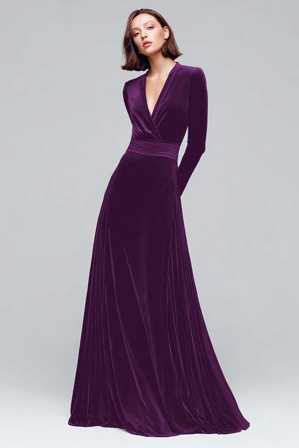 Dark Green A Line V Neck Velvet Holiday Party Dress With Long Sleeves