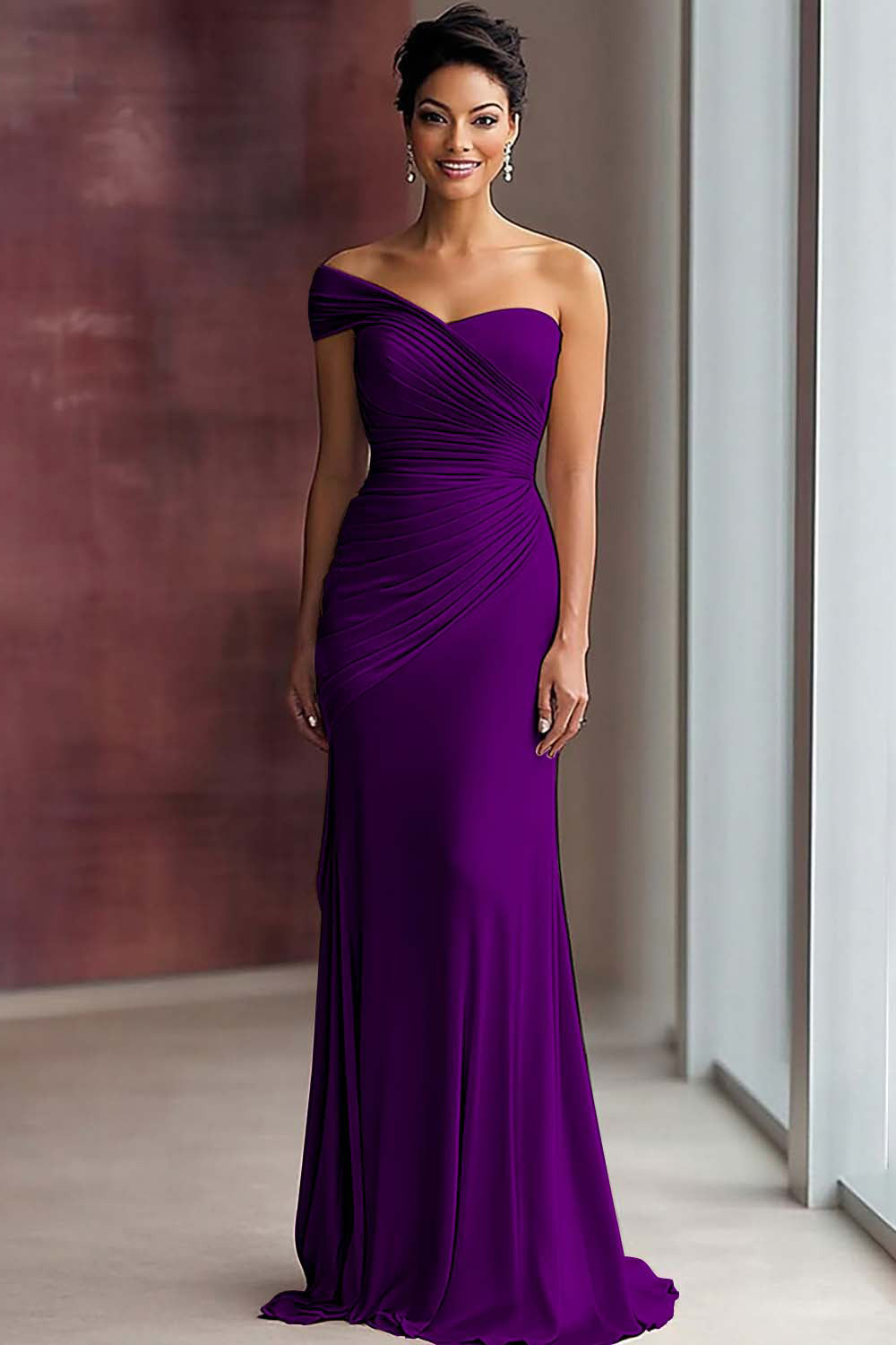 Robe de gala fourreau asymétrique plissée en jersey kaki clair