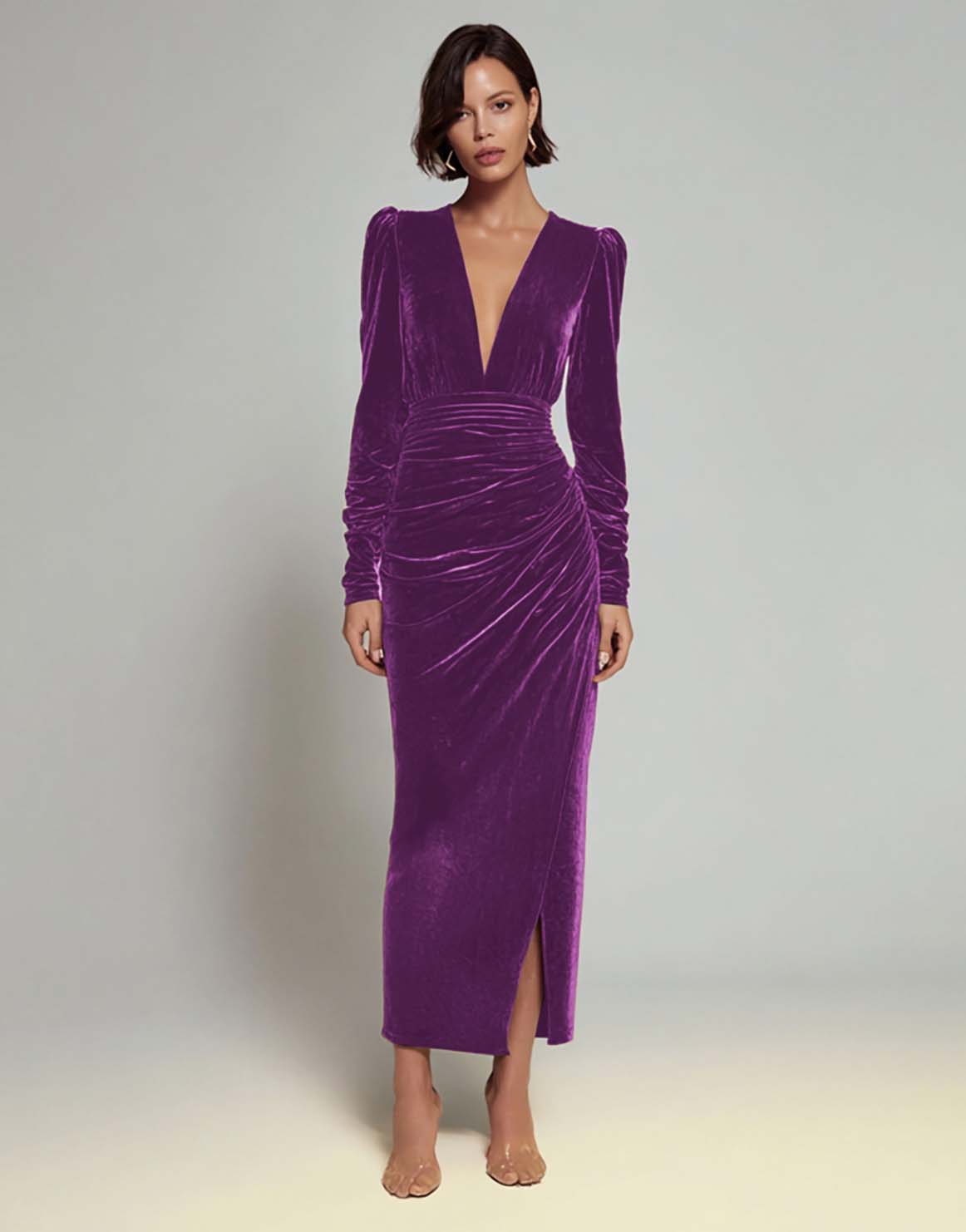 Velvet Sheath Olive V-Neck Ruched Choir Dress with slit