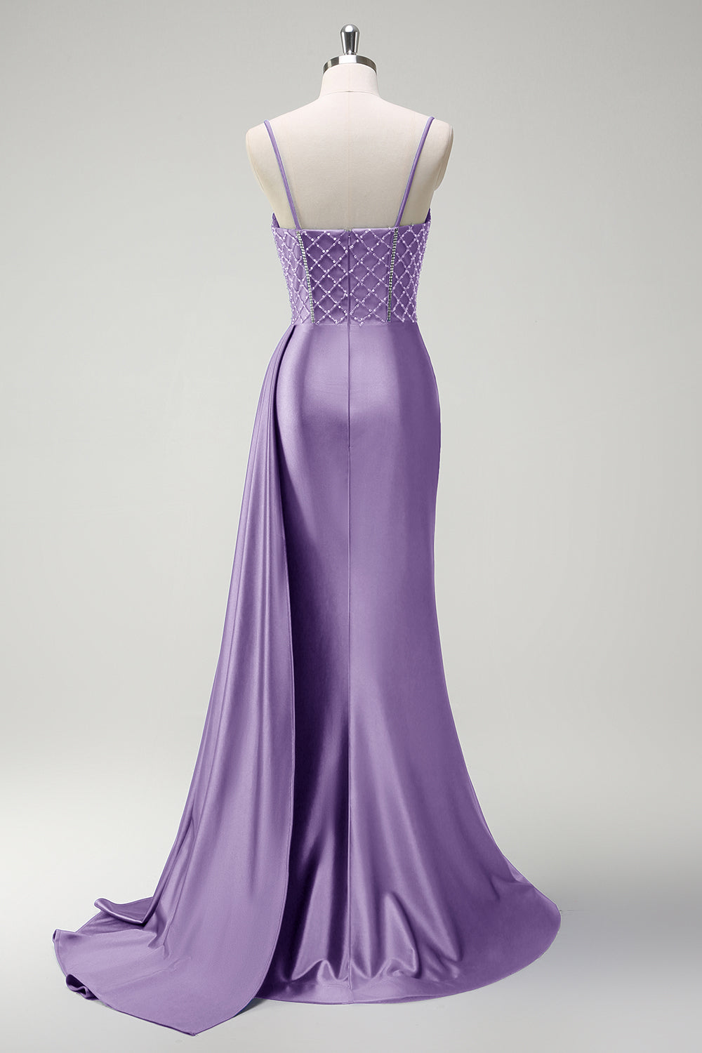 Robe longue de bal en satin plissée avec corset perlé sirène violet scintillant et fente