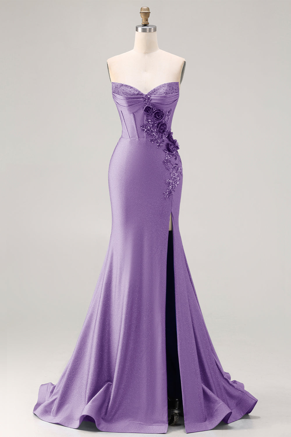 Royal Blue Strapless Mermaid 3D Flowers Beaded Long Prom Dress with Slit