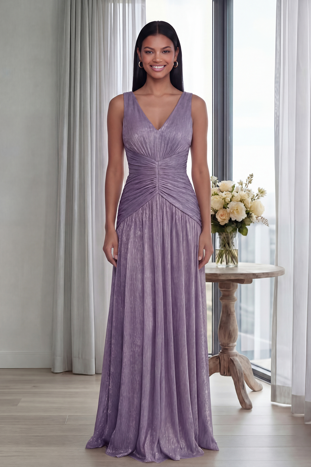 Dusty Rose V-Neck A-Line Pleated Long Formal Dress