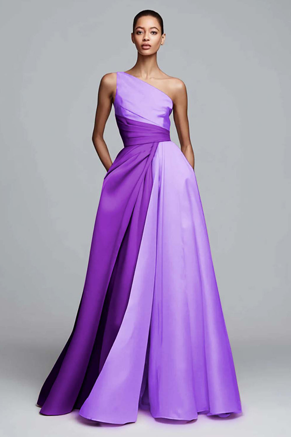 Robe de soirée rose plissée asymétrique à coupe trapèze