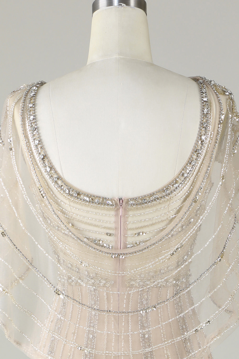 Robe longue de bal sirène perlée champagne étincelante avec drapé