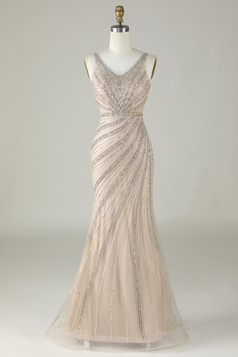Robe longue de bal sirène perlée champagne étincelante avec drapé