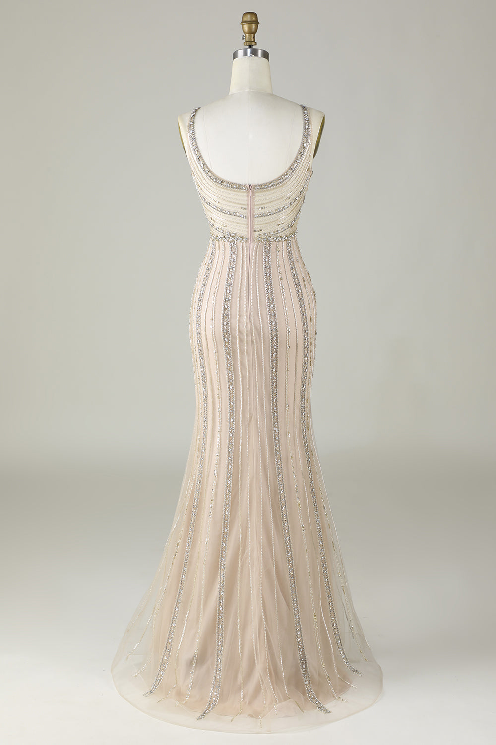 Robe longue de bal sirène perlée champagne étincelante avec drapé