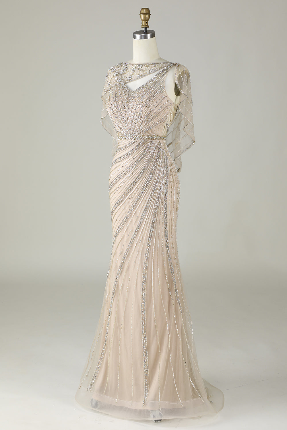 Robe longue de bal sirène perlée champagne étincelante avec drapé