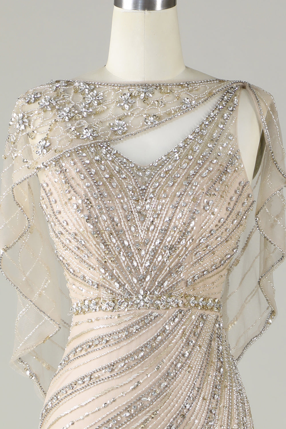Robe longue de bal sirène perlée champagne étincelante avec drapé
