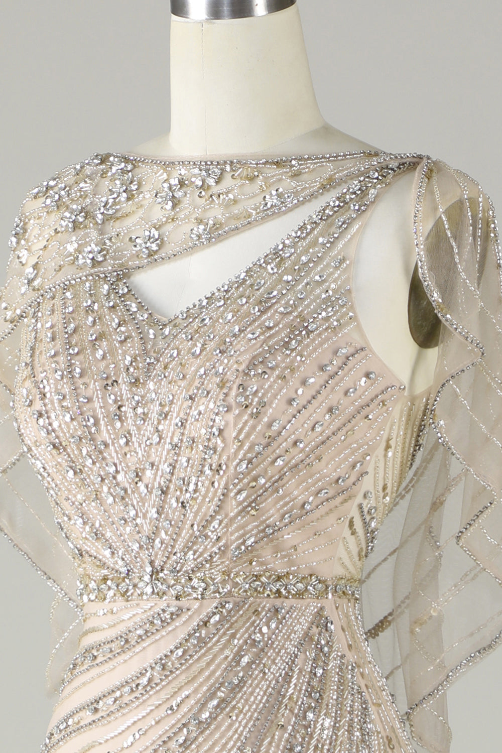Robe longue de bal sirène perlée champagne étincelante avec drapé