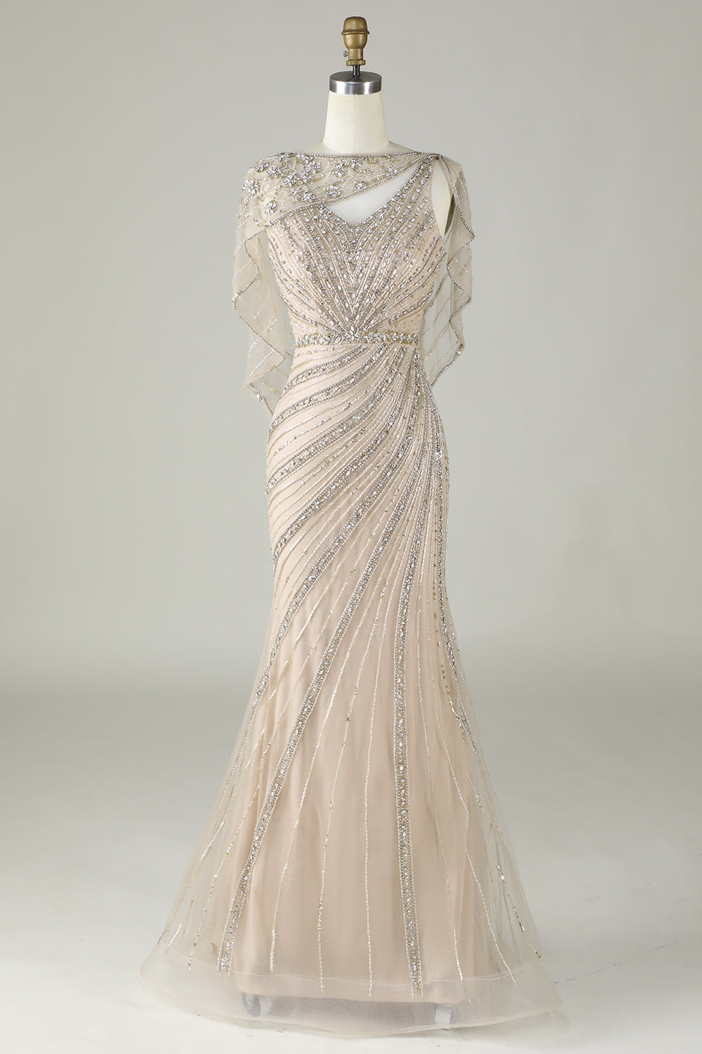 Robe longue de bal sirène perlée champagne étincelante avec drapé