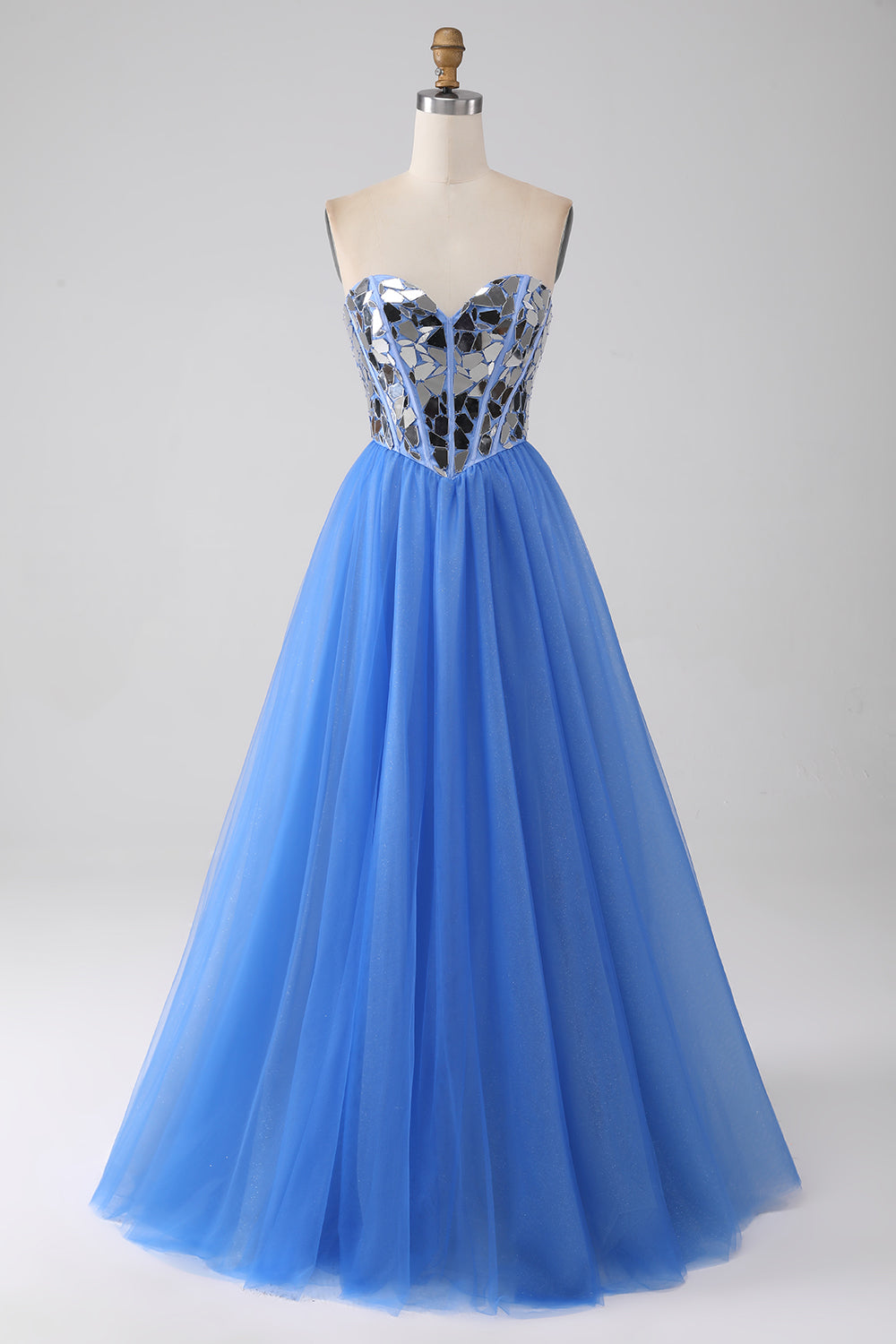 Robe de bal bleu roi en cœur de ligne A à miroirs