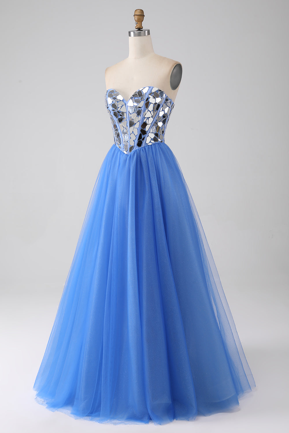 Robe de bal bleu roi en cœur de ligne A à miroirs
