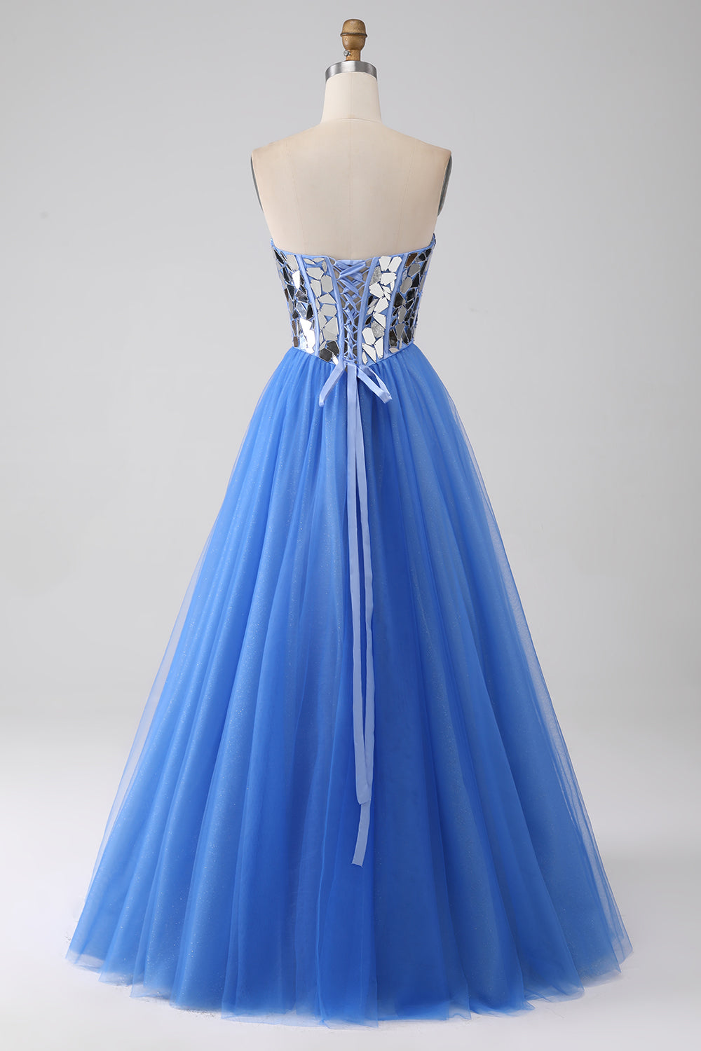 Robe de bal bleu roi en cœur de ligne A à miroirs