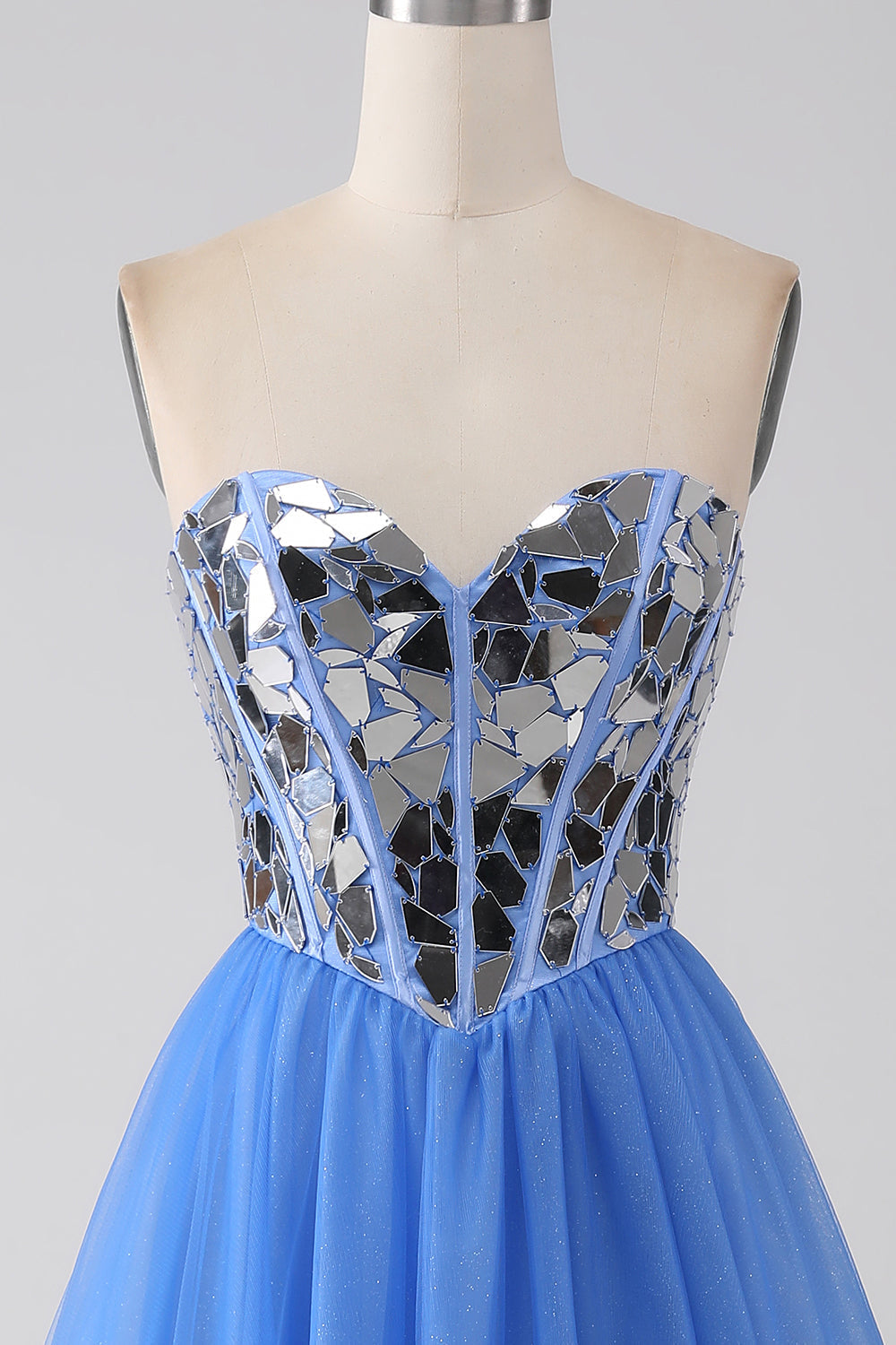 Robe de bal bleu roi en cœur de ligne A à miroirs