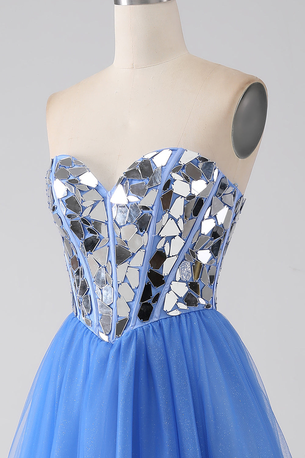 Robe de bal bleu roi en cœur de ligne A à miroirs