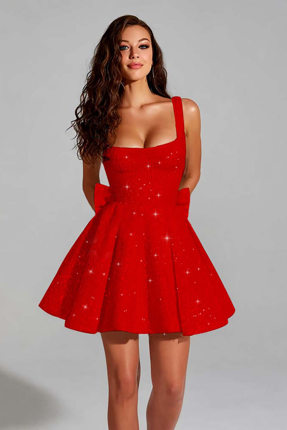 Robe courte de bal de promo en forme de trapèze à encolure carrée en ivoire pailleté et sequins, avec grand nœud au dos