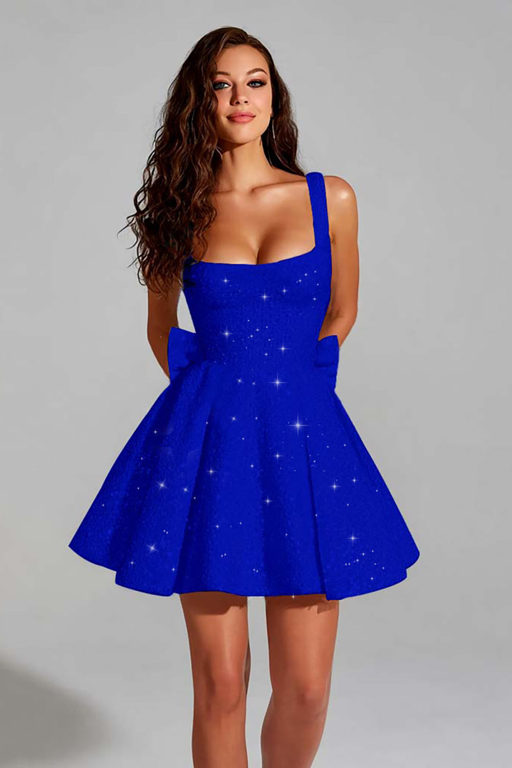 Robe courte de bal de promo en forme de trapèze à encolure carrée en ivoire pailleté et sequins, avec grand nœud au dos