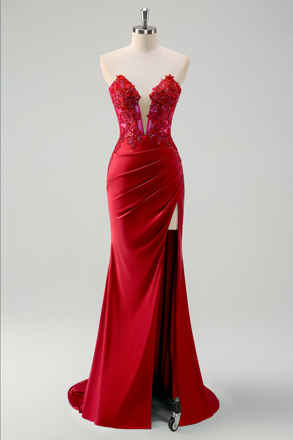 Robe de bal longue bustier sirène vert avec découpes et fente