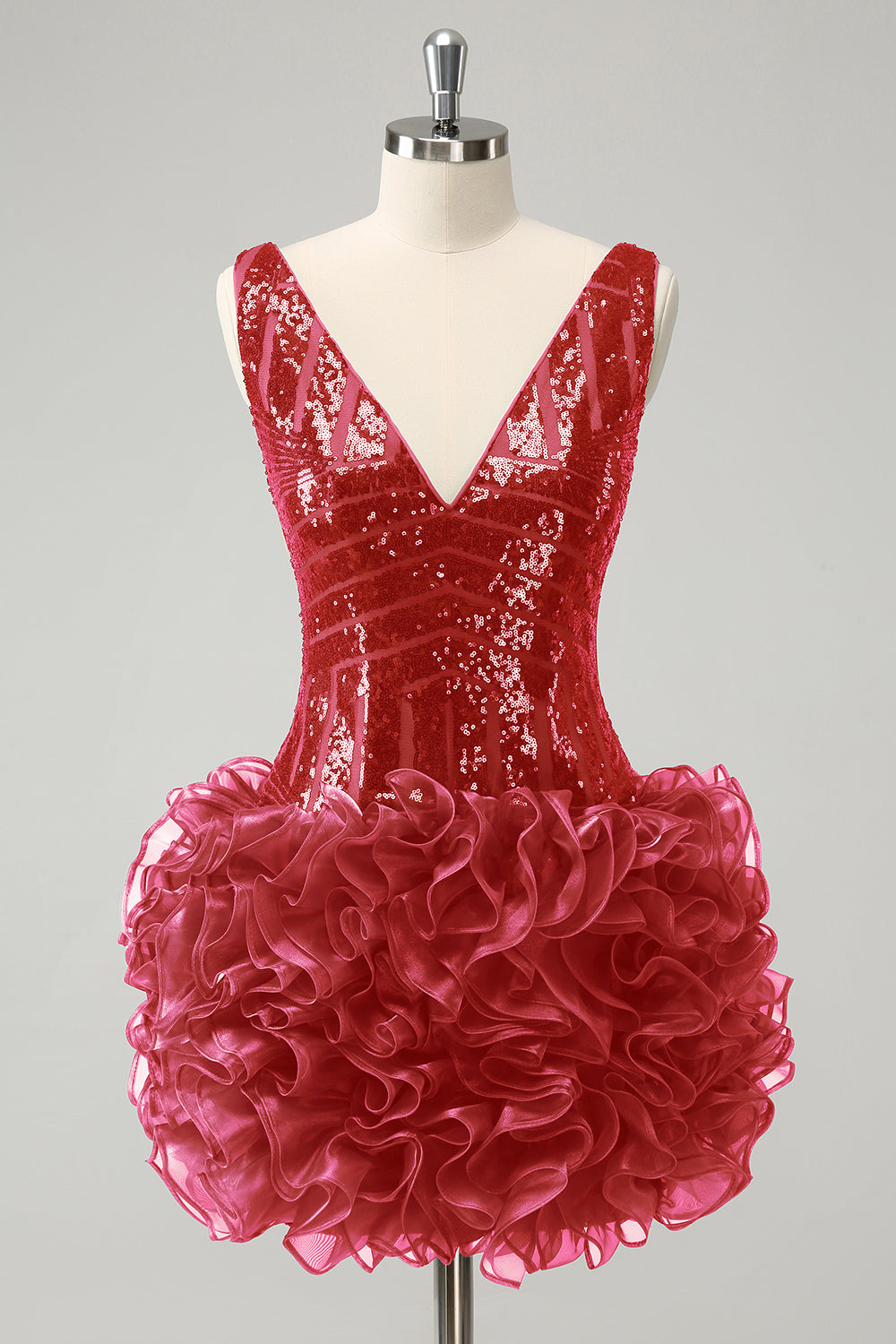 Glitter Dark Green V Neck Sequin Homecoming Dress with Detachable Ruffles