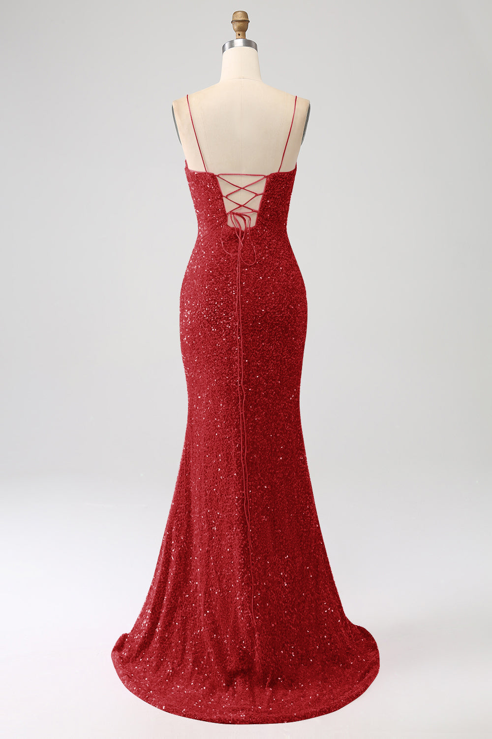 Robe de bal sirène marine à bretelles spaghetti avec sequins et fente