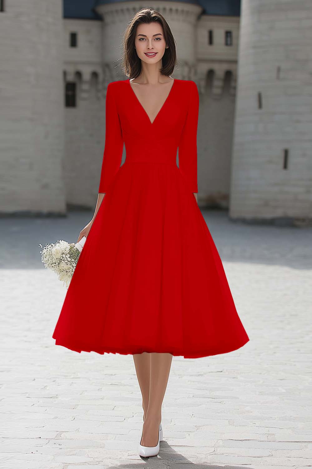 A-Line Ivory V-Neck Midi Engagement Dress