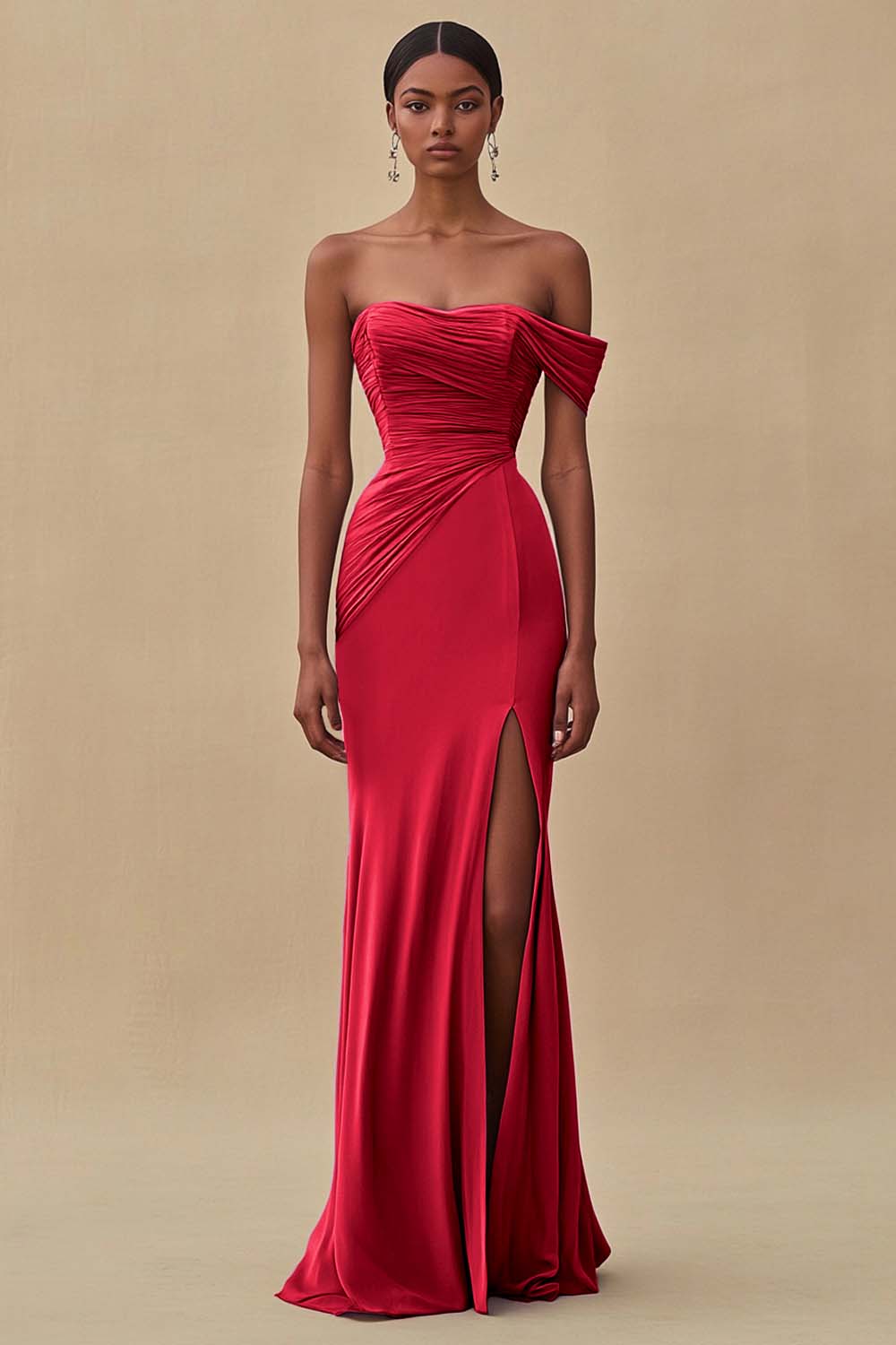 Robe de soirée longue sirène bleu encre à épaules dénudées avec fente