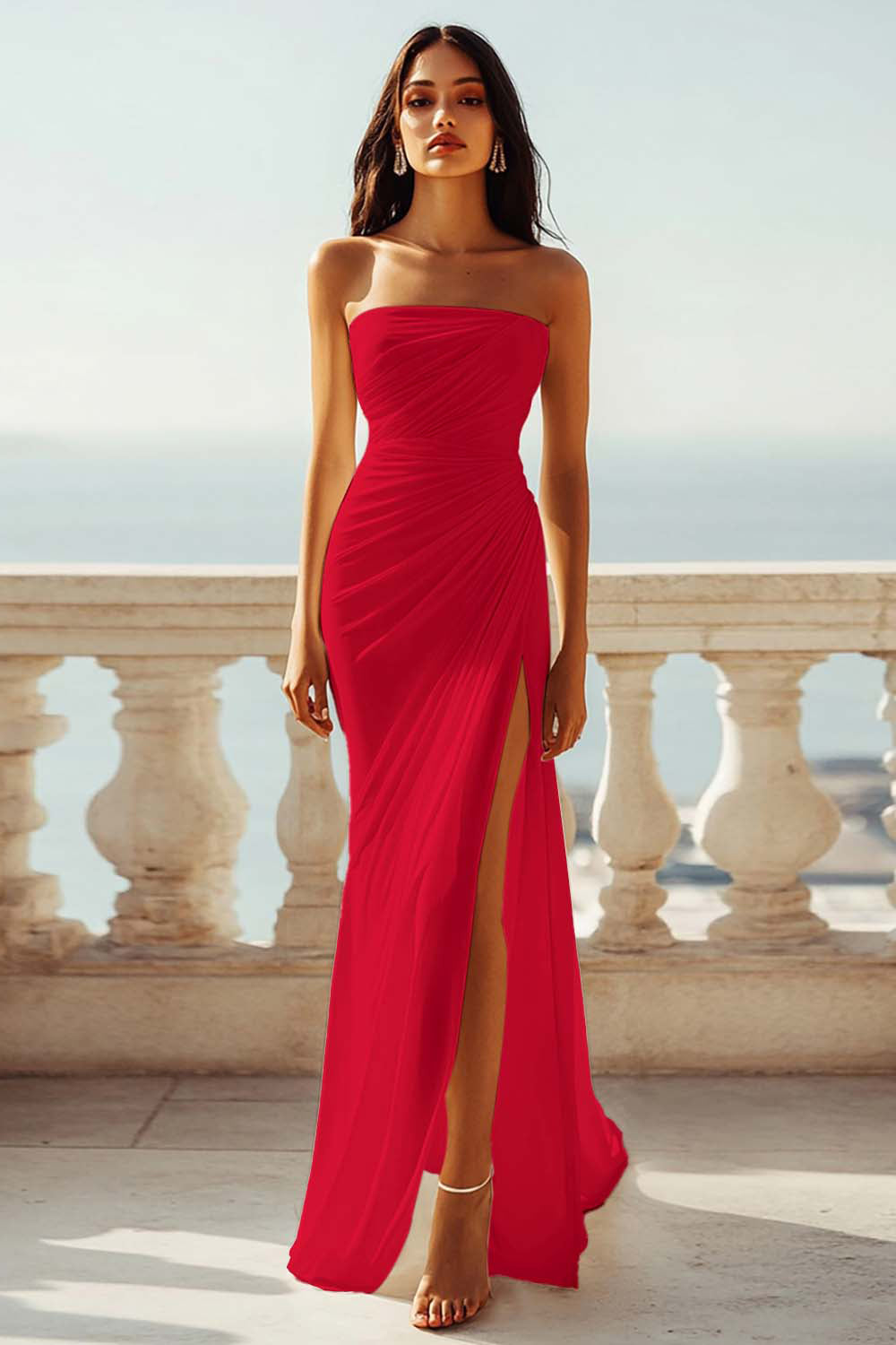 Ruched Strapless Chiffon Ivory Beach Engagement Dress with Slit