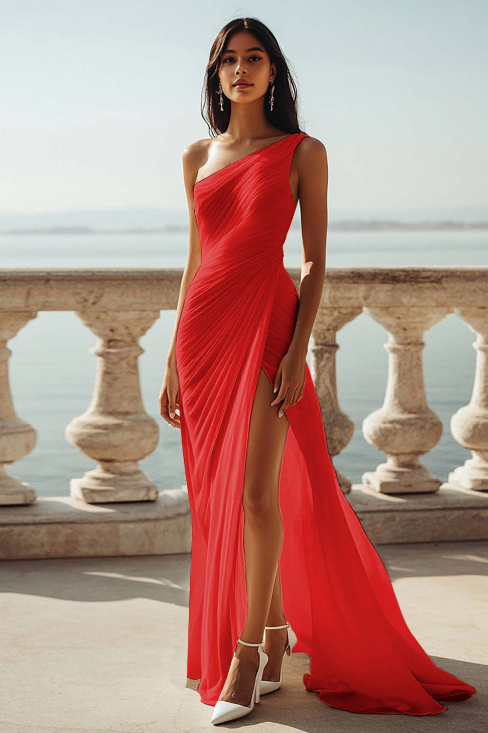 Chiffon Ivory One Shoulder Maxi Sheath Beach Engagement Dress with Slit