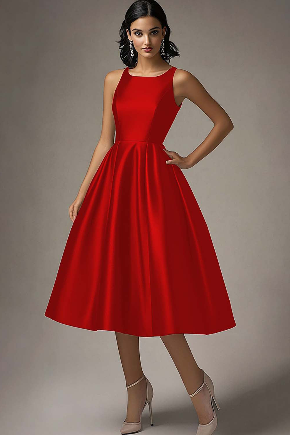 Black A Line Satin Ruched Midi Formal Dress