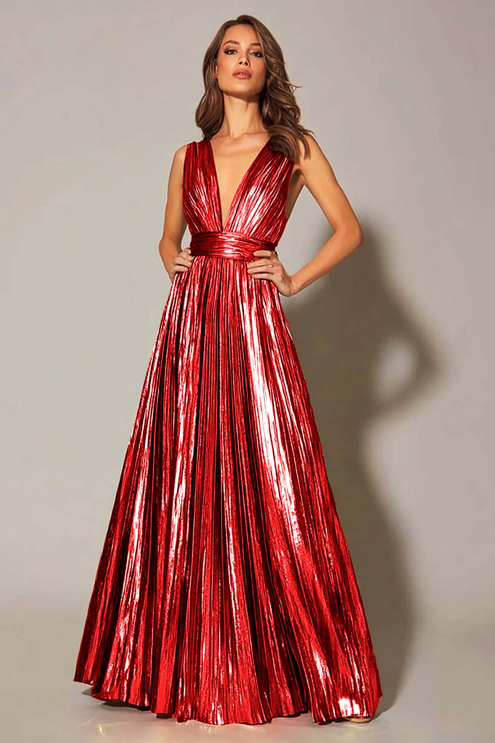 Robe de soirée plissée coupe trapèze doré métallisé