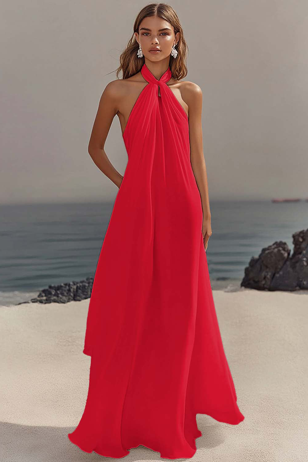 Elegant Sky Blue Halter Chiffon Formal Dress