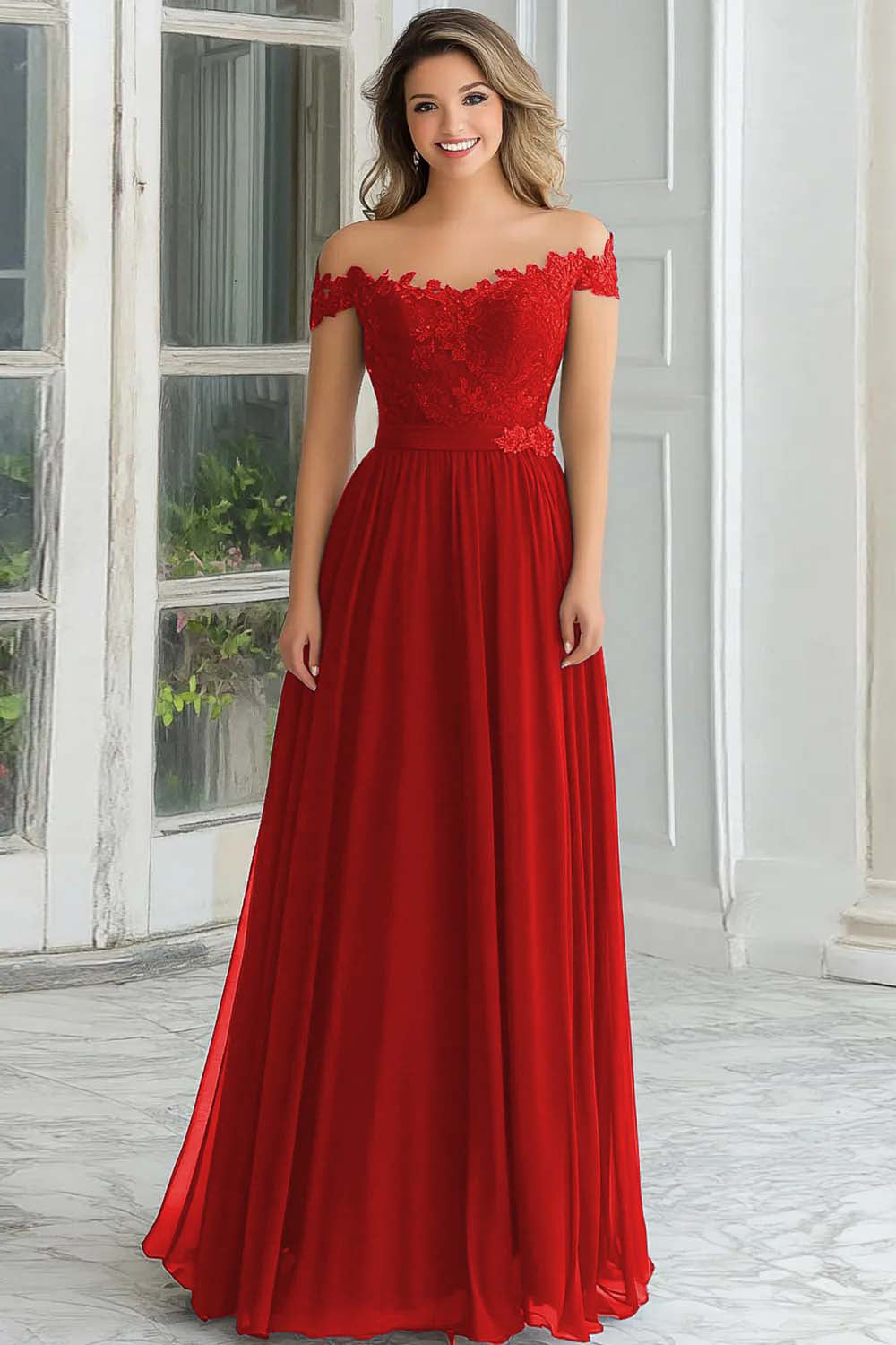 Robe longue de mère de la mariée élégante bleu marine coupe évasée en mousseline et dentelle avec épaules dénudées