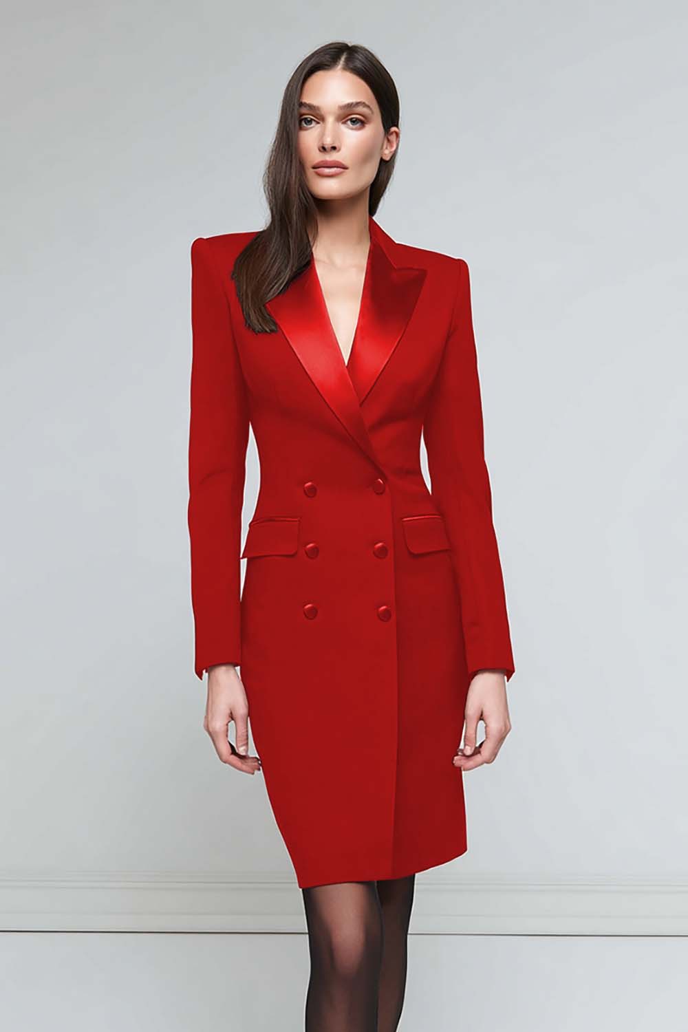 Satin Black Peak Lapel Midi Work Dress