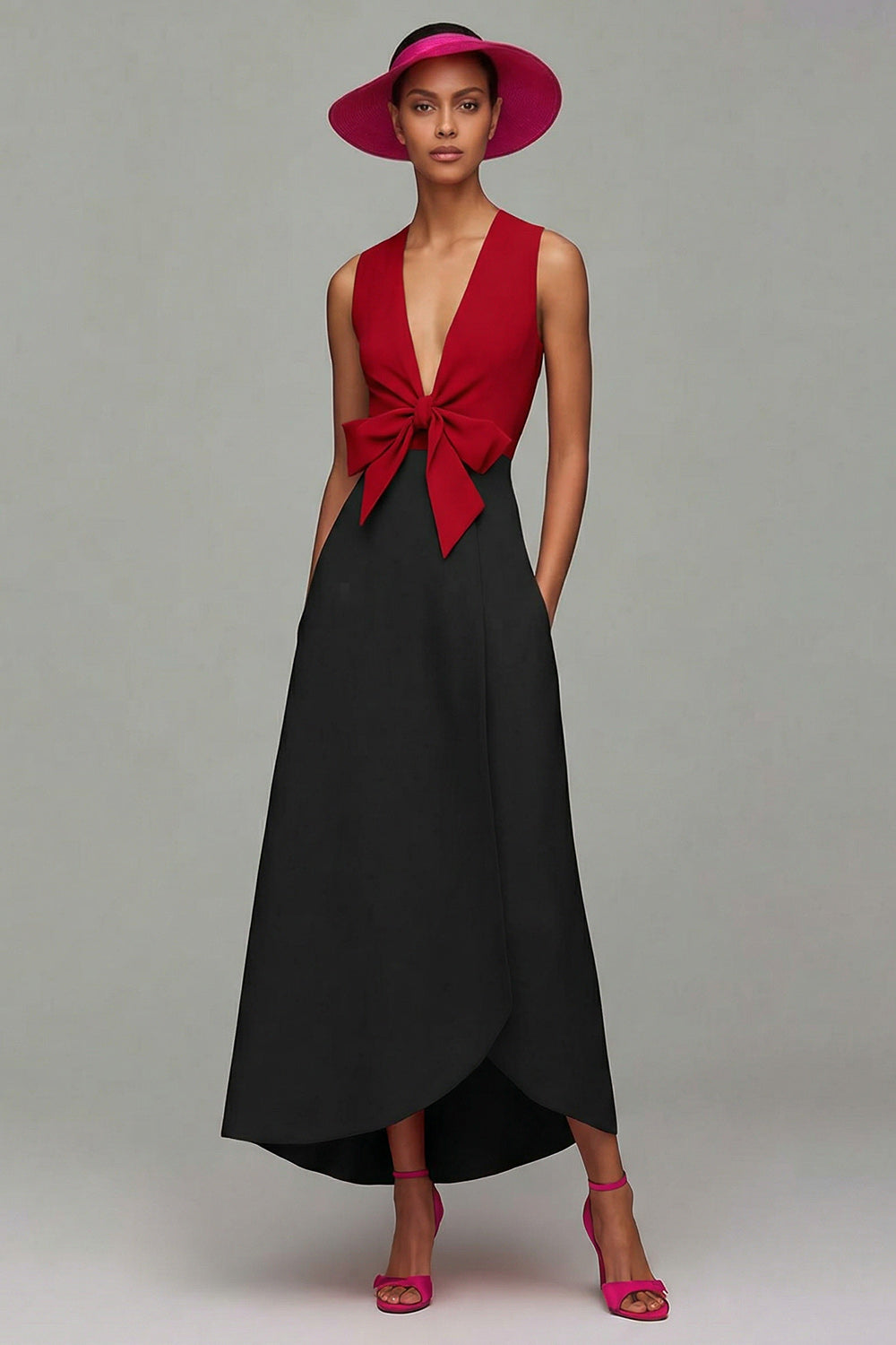 Orange And Fuchsia Colorblock V Neck A Line Formal Dress