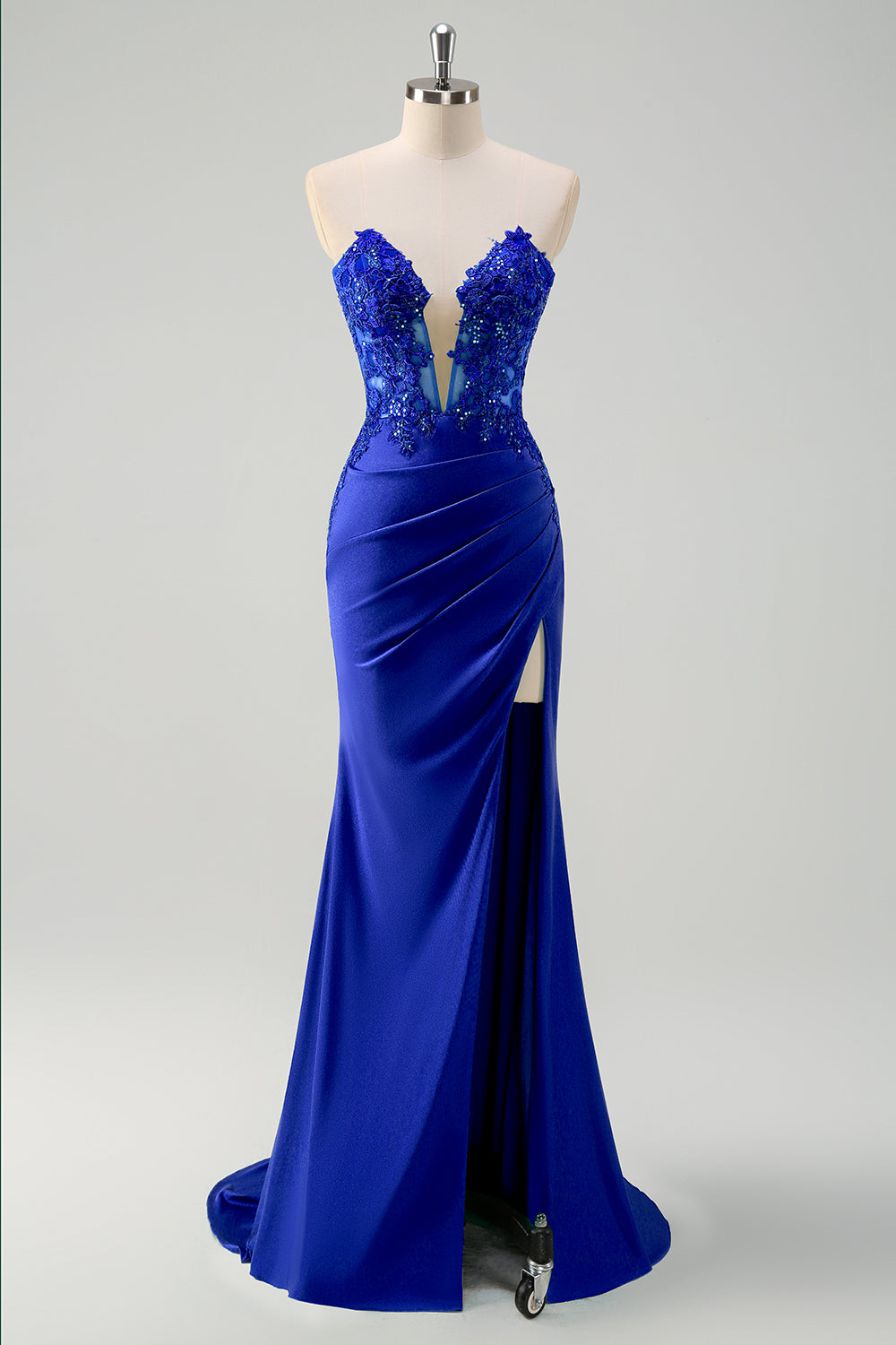 Robe de bal longue bustier sirène vert avec découpes et fente