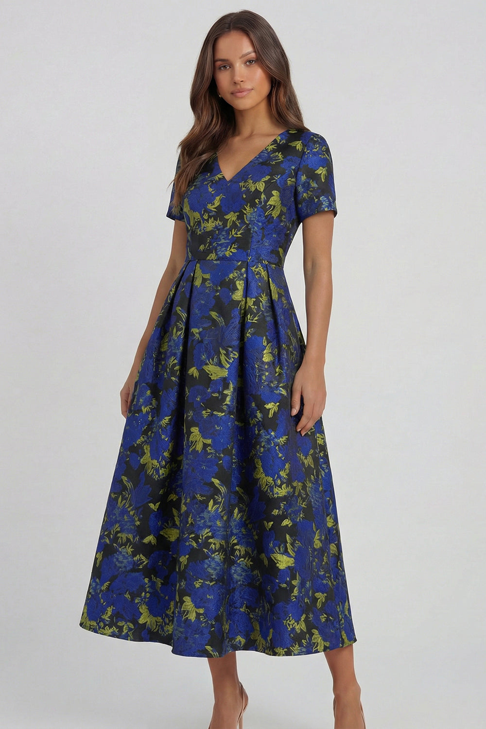 Blue White Flower A-Line Printed Short Sleeves Midi Dress