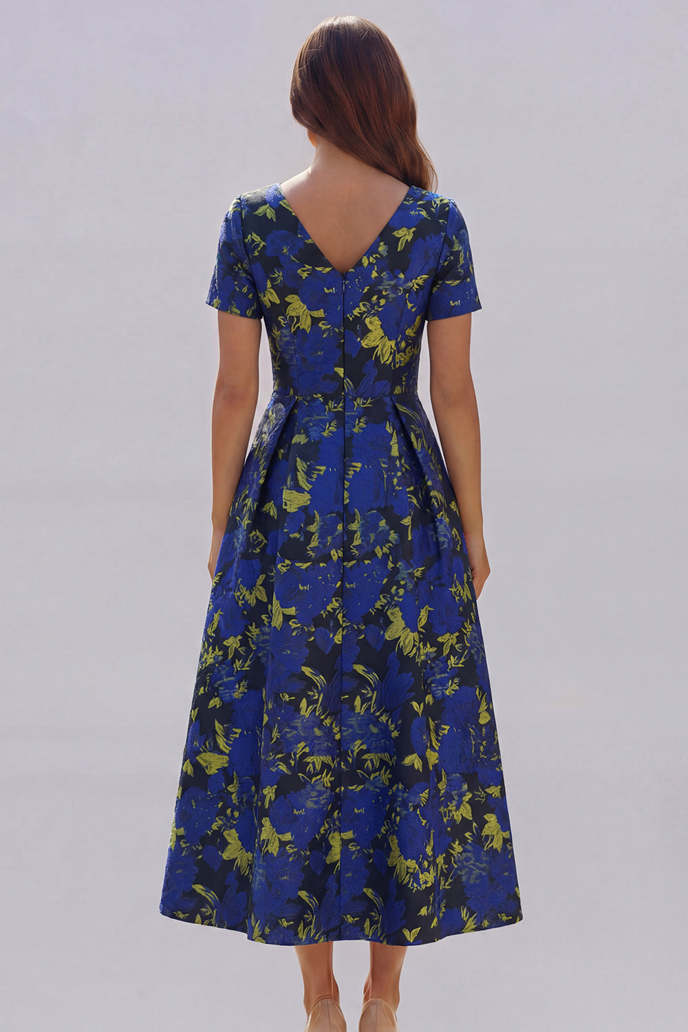 Blue White Flower A-Line Printed Short Sleeves Midi Dress