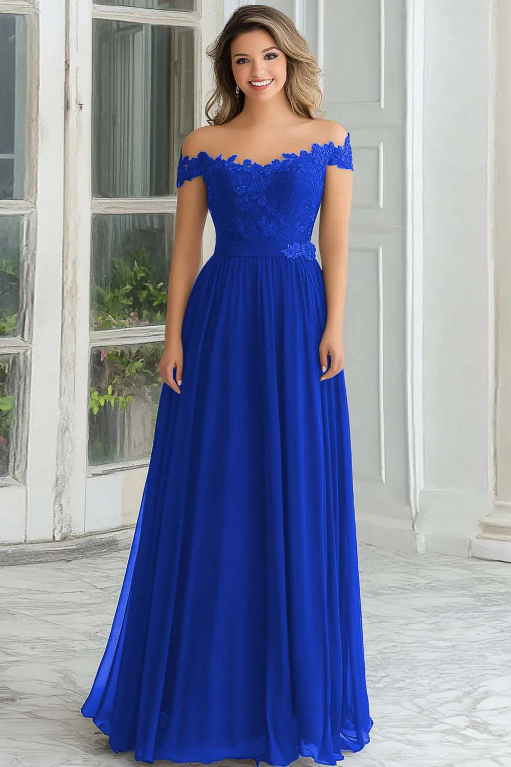 Robe longue de mère de la mariée élégante bleu marine coupe évasée en mousseline et dentelle avec épaules dénudées