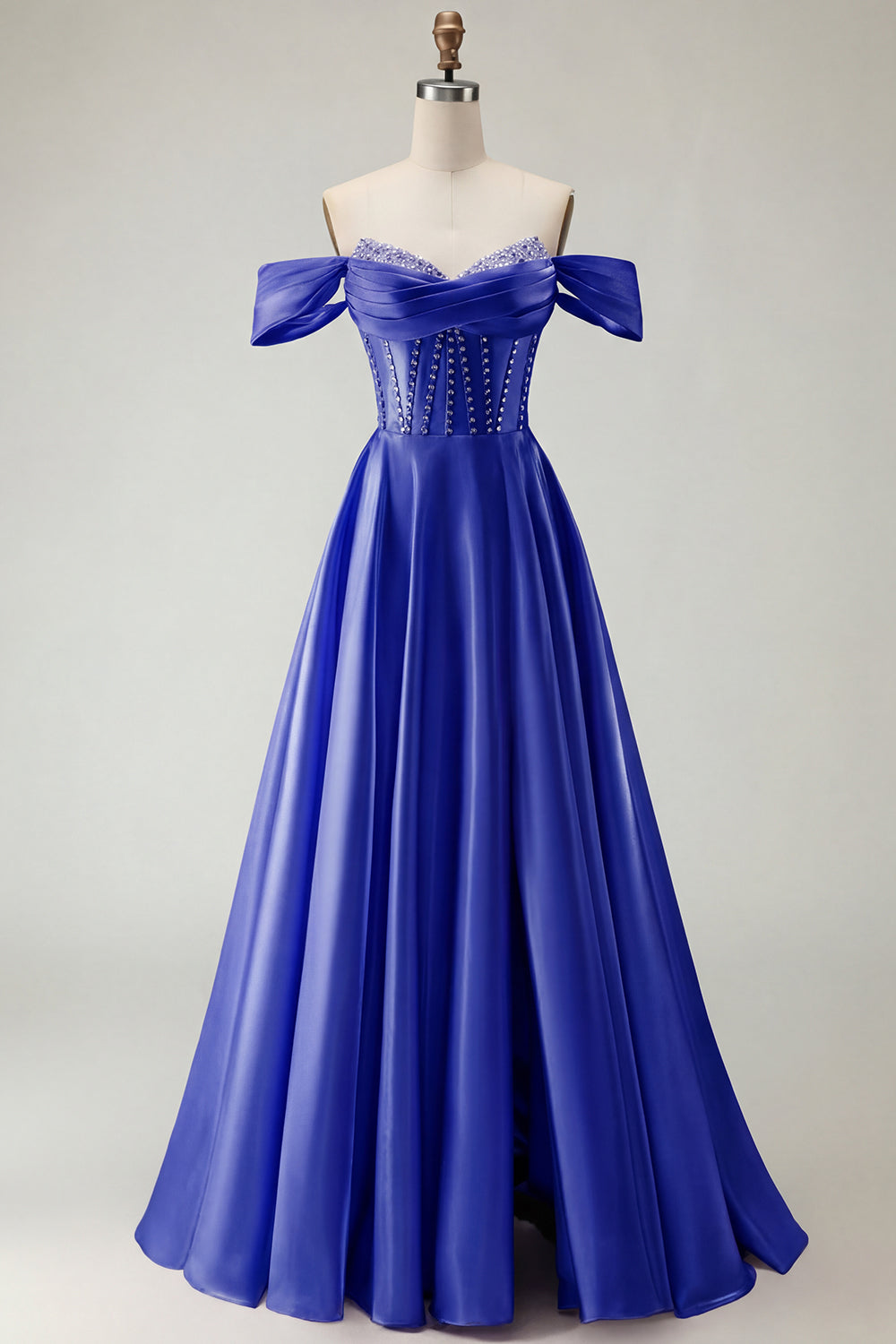 Robe de bal longue en tulle violet avec corset, épaules dénudées, perles, ligne A et fente