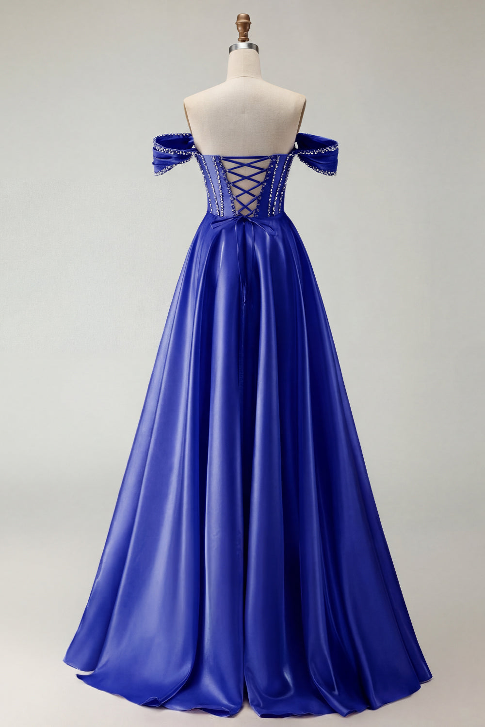 Robe de bal longue en tulle violet avec corset, épaules dénudées, perles, ligne A et fente