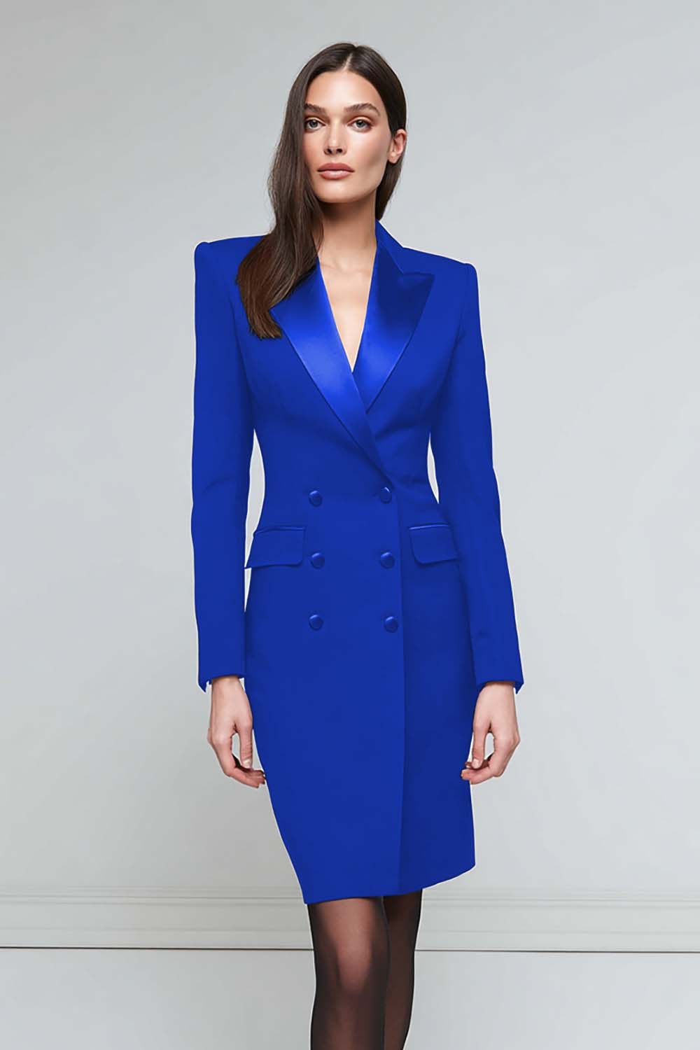 Satin Black Peak Lapel Midi Work Dress