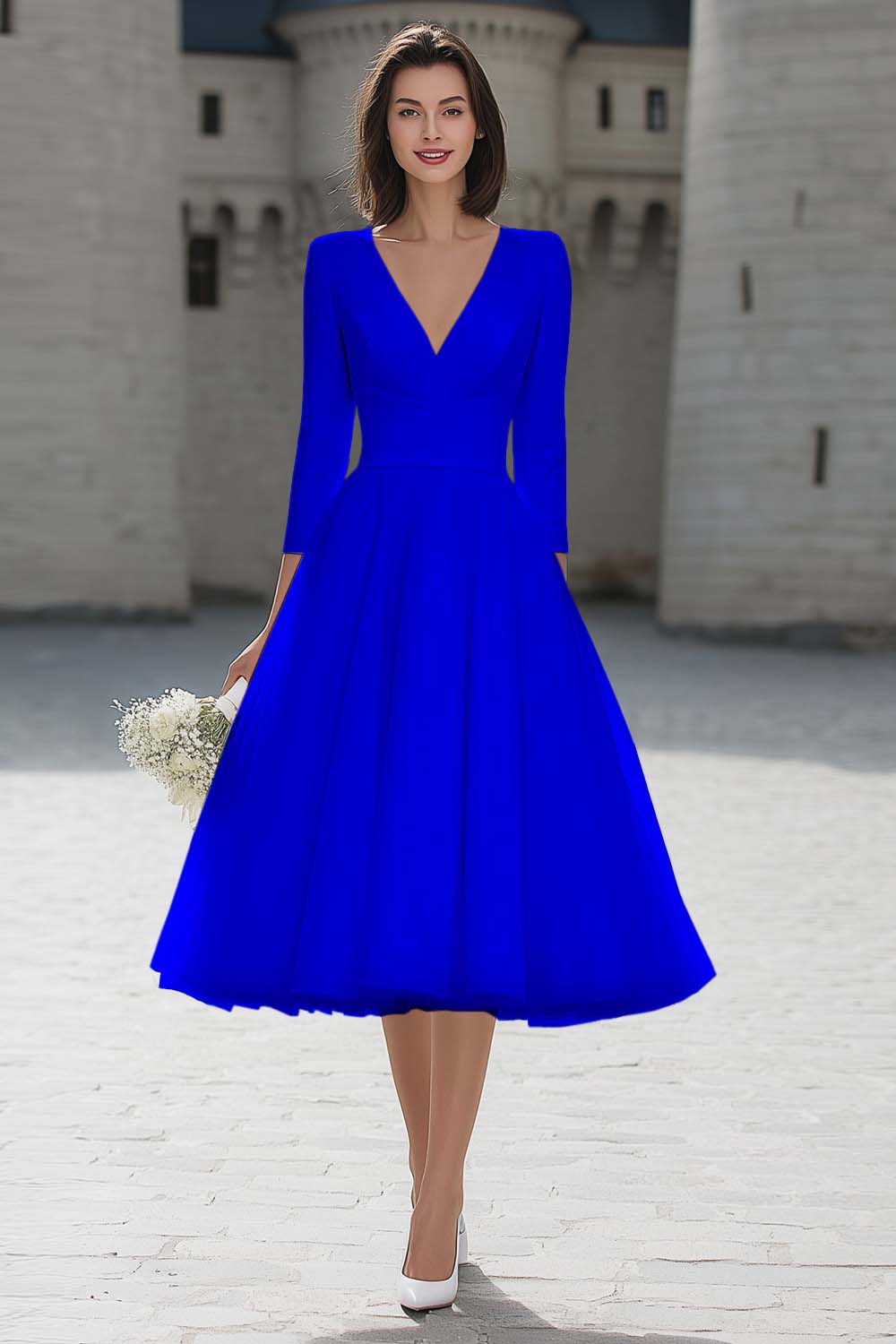 A-Line Ivory V-Neck Midi Engagement Dress