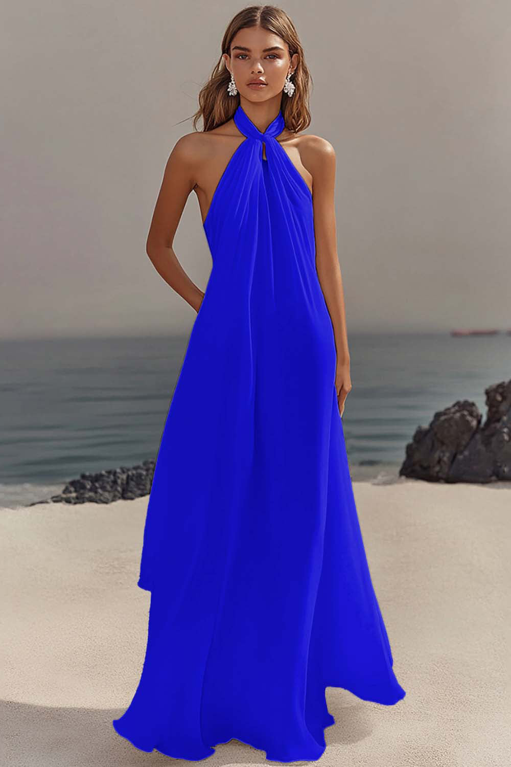 Elegant Sky Blue Halter Chiffon Formal Dress