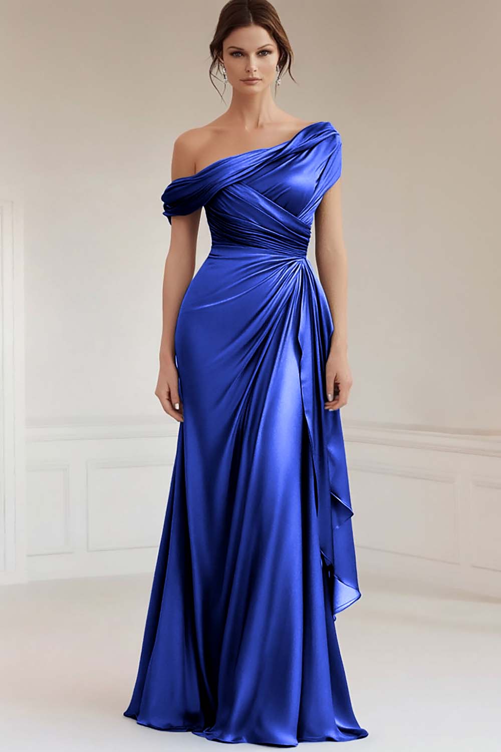 Mermaid Gray Blue One-Shoulder Satin Ruched Mother of the Bride Dress with Ruffles