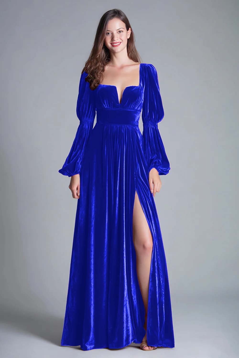 Vestido de noche formal línea A de terciopelo burdeos con cuello cuadrado y abertura