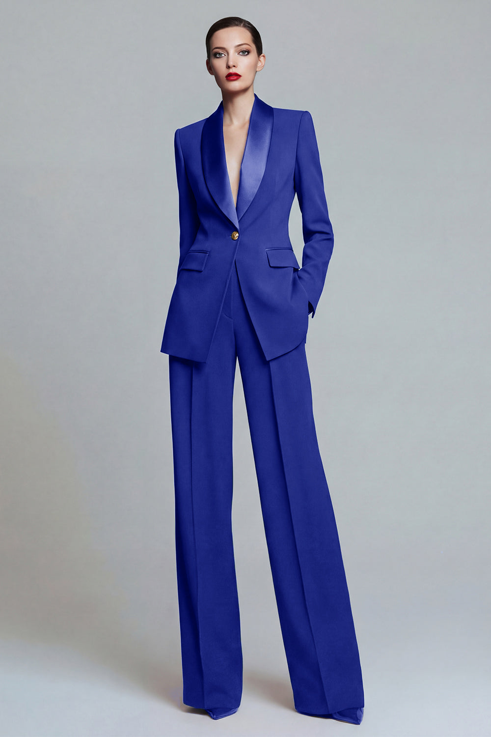 Tailleur pantalon femme 2 pièces vert foncé à revers châle avec poches